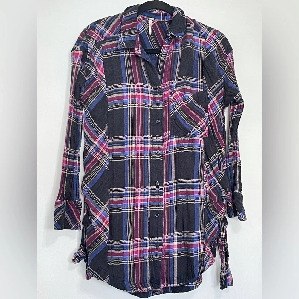 FREE PEOPLE Nordic Day Top Plaid Buttondown Oversized Purple Blue Shirt XS